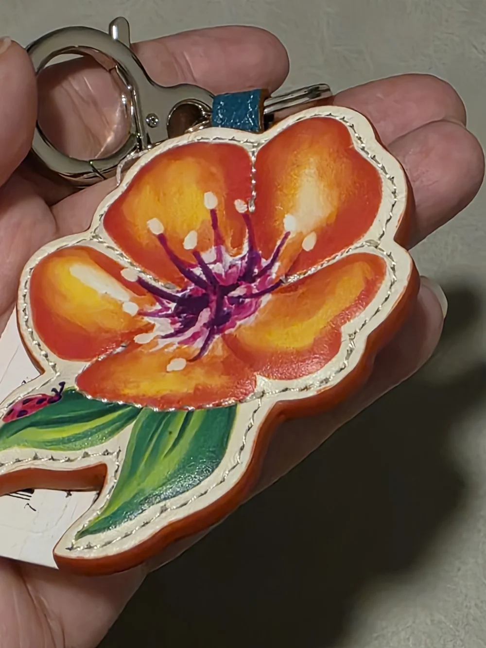 Brighton Flower Floral Leather Key Fob in Orange Keychain Handbag Holder NEW